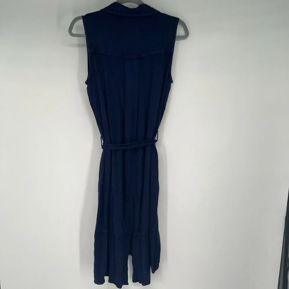 NWT Olive + Oak Dress Womens M Blue Button Up Belted Collared Sleeveless - Picture 2 of 9